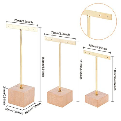 FINGERINSPIRE 3 Pcs Gold Metal T Bar Earring Display Stand with Wooden Square Base 4 Holes Jewelry Holders Hanging Earring Organizer for Store Retail Photography Props（4.7 & 5.5 &6.3 inch Height） - color: Gold- Wood Square Base, 4 Holes