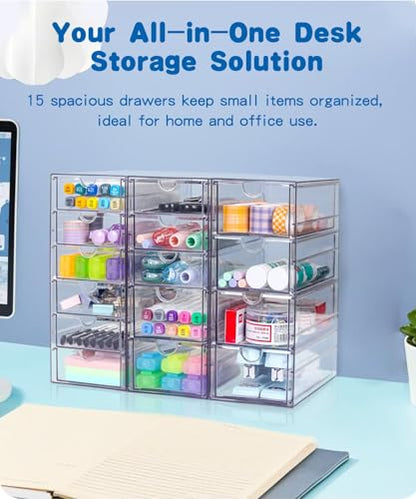 VZKAH Clear Acrylic Organizer with Drawers | 15-Drawer Desktop Unit | Makeup & Desk Organization and Storage Box for Office, Craft, Vanity Table, Bathroom, Home Essentials - style: 15 drawers / 3 set