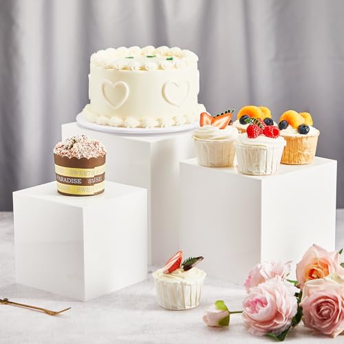 Geetery Set of 5 Display Buffet Risers (3",4",5",6",7") Acrylic Cube with Hollow Bottoms Acrylic Boxes Table Stands for Display Dessert Catering Collectibles Jewelry Decor (Small,3,4,5,6,7 Inch,White) - color: white, size: Small,3,4,5,6,7 Inch