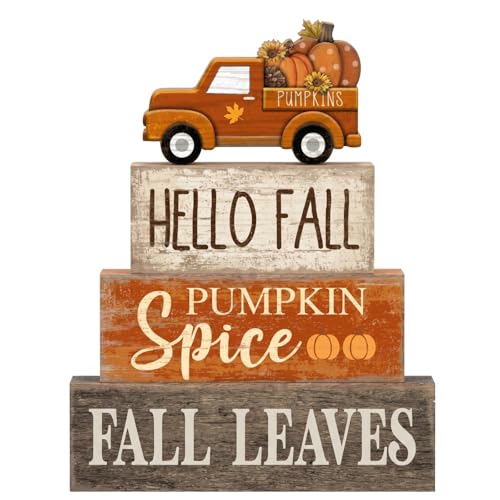 Moucuny 4 Pcs Fall Decoration for Home Fall Truck Decor Thanksgiving Tiered Tray Decor Rustic Wooden Truck Block Sign Thanksgiving Centerpiece Autumn Table Decorations for Harvest Party Kitchen Home - style: Fall Leaves