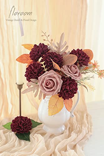 Floroom Artificial Dahlia Flowers 25pcs Real Looking Burgundy Foam Fake Roses with Stems for DIY Wedding Bouquets Dark Red Bridal Shower Centerpieces Floral Arrangements Party Tables Home Decoration - color: Burgundy
