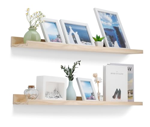 MBYD 36 Inch Natural Pine Wood Floating Shelves for Bedroom, Wide Picture Ledge Set of 2, Wall Mount Unfinished Shelf Can be Stained Nursery Book Shelves for Kids Bedroom Living Room Bathroom Kitchen - color: Natural, size: Set of 2 36in