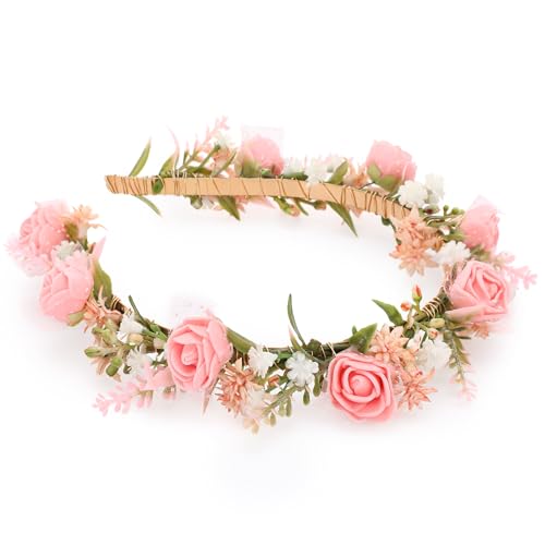 Women's Pink Flower Headband - Girl Flower Headpiece Romantic Bohemian Lace Foam Headband for Wedding Decoration Party Birthday Dance Headwear Maternity Shoot Props - color: Pink