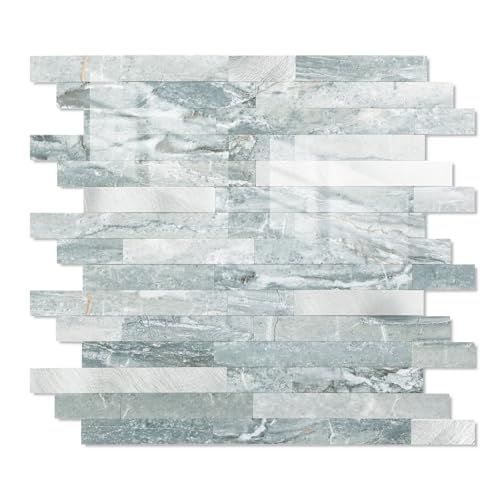 Yipscazo 10 Sheets Peel and Stick Stone Metal Tile Backsplash, Stick on Tiles for Backsplash Kitchen, Bathroom, Laundry Room, Camper, Fireplace (12'' X 12'', Polished Cyan) - color: Polished Cyan