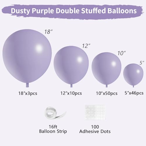Dusty Purple Double Stuffed Balloons Different Size 115Pcs 5/10/12/18" Light Purple Balloon Arch Garland kit for Birthday Baby Shower Bridal Shower Fairy Gender Reveal Party - color: Dusty Purple