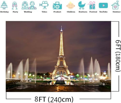 8X6FT Eiffel Tower Backdrop Paris City Square Night Fountain Photography Background for French Landmark Holiday Happy Birthday Banner Wedding Themed Party Photo Booth Props ZH013 ZHTAOYH - size: 8X6FT