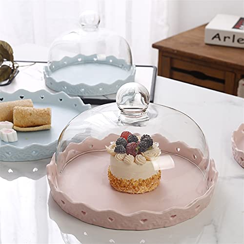 Food Covers,Splatter Covers,Cake Stands, 8 and 10 Inch Pink Lace Ceramic Discs with Lids, Birthday Party Dessert PlatesFruit Dome Keep Fresh Dome Cover Pastry Photo Props - size: 26.4cm