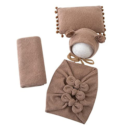 Newborn Baby Boy Girl Photography Props Bow Wrap, Posing Aid, Hat and Blanket Set of 4 Pcs - color: Light Camel