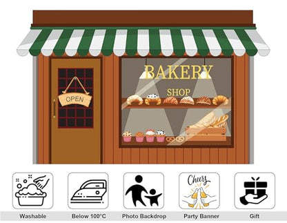 10x5ft Cartoon Bakery Shop Front Backdrop Green White Awning Pastry Display Photography Background Bright Cheerful Baking Party Home Decor Photo Booth Decorations Banner Photo Studio Props - size: 10x5ft