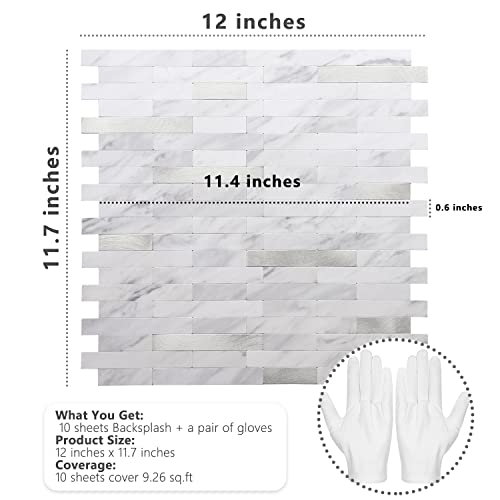 STICKGOO Peel and Stick Backsplash, PVC Wall Tiles Stick on Backsplash for Kitchen(10 Sheets, White Marble with Metal Silver) - color: White Marble with Metal Silver