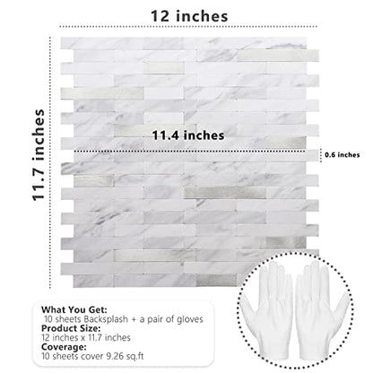 STICKGOO Peel and Stick Backsplash, PVC Wall Tiles Stick on Backsplash for Kitchen(10 Sheets, White Marble with Metal Silver) - color: White Marble with Metal Silver
