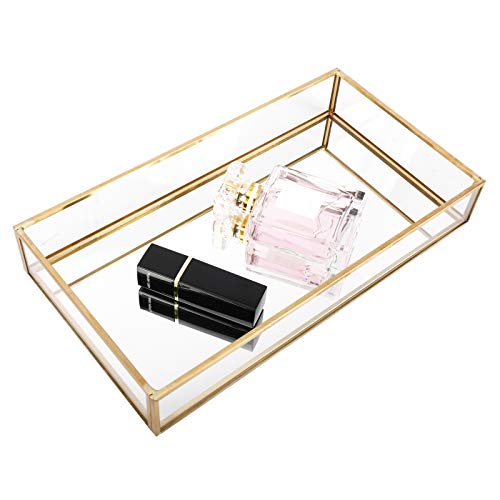 HighFree Rectangle Gold Mirror Tray, Decorative Glass Mirrored Vanity Tray for Perfume, Cosmetics, Makeup, Trinket, Jewelry (10.2X 5.5x1.6) - size: 10.2" x 5.5" x 1.6"