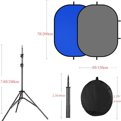 5x7ft/1.5x2m Chromakey Blue Grey Backdrop with 7.8ft/2.4m Stand, 2-in-1 Reversible Collapsible Pop-Up Blue Grey Screen Background Panel for Photography, Live Streaming, Video Shooting, Game - color: Blue/Gray