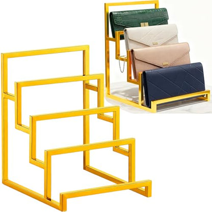 4-Tier Wallet Display Stand 2 Pack Gold , Metal Purse Organizer for Closet Countertop, Handbag Holder Rack Riser Shelf for Wallets Clutch Bags Retail Boutique Store Display - size: 4 - Layer