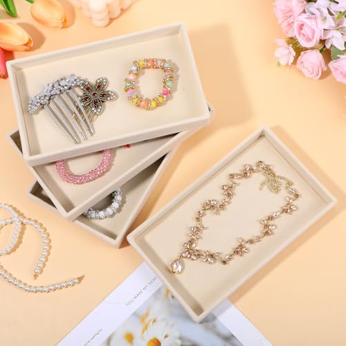 Dimeho 8 PCS Velvet Jewelry Organizer Trays Stackable Jewerlry Tray Jewelries Storage Display Plate Beige Blank Display Flat Tray for Earring Ring Beads Bracelet Necklace 8.3 x 4.7 x 1 Inches