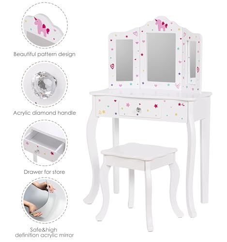 UTEX Kids Vanity Table and Chair Vanity Set with Mirror Makeup Dressing Table with Drawer, Play Vanity Set,White - style: White-Unicorn