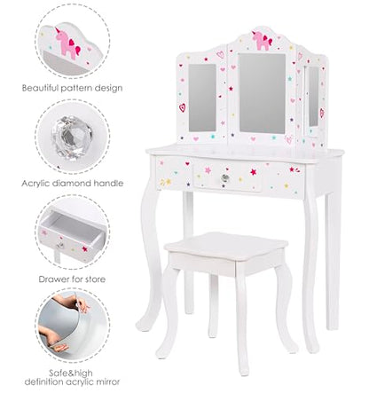 UTEX Kids Vanity Table and Chair Vanity Set with Mirror Makeup Dressing Table with Drawer, Play Vanity Set,White - style: White-Unicorn