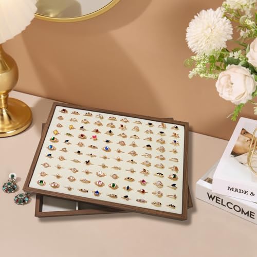 Large Jewelry Trays for Drawers Stackable Velvet Jewelry Display for Vendors Jewelry Drawer Organizer Inserts for Rings Necklace Bracelets Earrings and Studs Earrings (Beige, 100 Slot) - color: Beige, size: 100 Slot