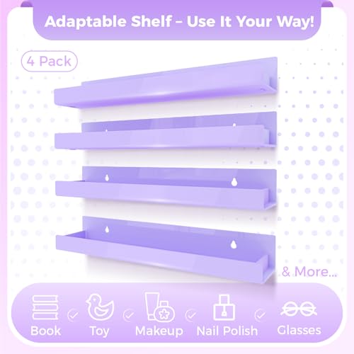 4 Pack 15 Inch Purple Acrylic Shelves, Kids Floating Bookshelf for Kids Room, Modern Nail Polish Rack Sunglasses Essential Oil Picture Ledge Display Toy Storage Wall Shelf - color: 15in-purple