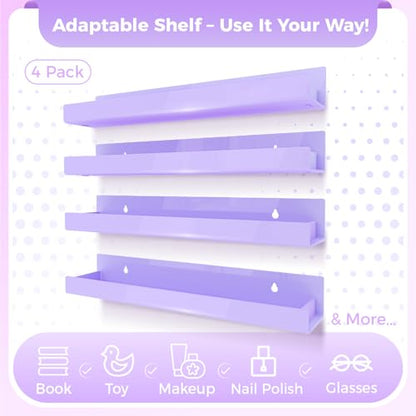 4 Pack 15 Inch Purple Acrylic Shelves, Kids Floating Bookshelf for Kids Room, Modern Nail Polish Rack Sunglasses Essential Oil Picture Ledge Display Toy Storage Wall Shelf - color: 15in-purple