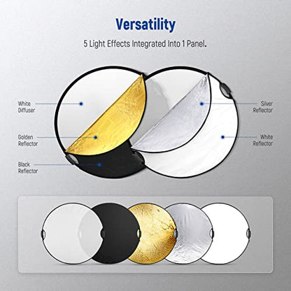 NEEWER 43"/110cm Light Reflector with Handle Grip with 3/8" Thread, 5 in 1 Collapsible Disc Light Diffuser Translucent/Silver/Gold/White/Black for Photography Lighting, Outdoor Lighting, RF-110II - style: 110cm