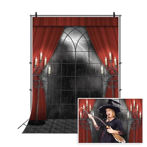 Renaiss 4x6ft Vintage Gothic Window Backdrop Red Curtain Candlestick Black Floor Lightning Stormy Sky Vampire Medieval Castle Photography Background Halloween Dress Up Party Decors Photo Booth Props - size: 4x6ft