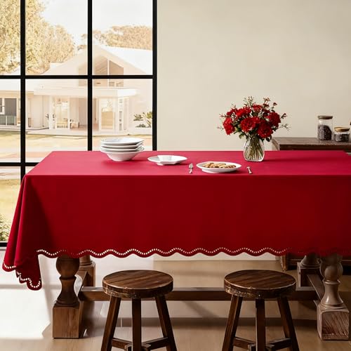 Outdoor Rectangle Tablecloth Linen Textured Waterproof & Stain Resistant Table Cloth Boho Decorative Scalloped Cutouts Farmhouse Table Cover for Dining, Parties and Camping, 55 x 84 Inch, Burgundy - color: Burgundy, size: 84" x 55" (Rectangular)