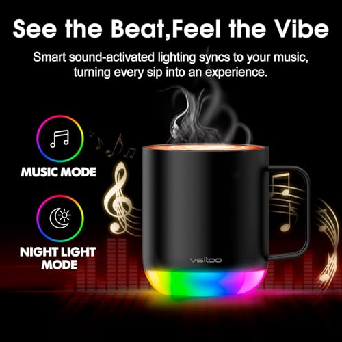 Vsitoo S6 Plus Smart Coffee Mug, 12oz,Temperature Controlled Mug & Electric Coffee Mug with Music Sync Lights，Auto-Sensing AI Heats Drinks to 120-150°F Hands-Free. Ideal for Home/Office/Gifts - Black - color: Black