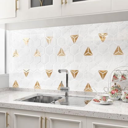 WESTICK White Gold Marble Back Splash Stick on Tiles for Kitchen Hexagon Peel and Stick Backsplash Tile Waterproof Bathroom Vinyl Backsplash Panels for Laundry Room Wall RV 10 Pack 12" x 12" - color: 9.Gold white