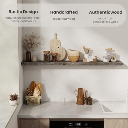 FLYJOE Solid Wood Floating Shelves, 8" Deep Rustic Reclaimed Barnwood Wall Hanging Floating Shelf with Invisible Heavy-Duty Metal Bracket | Wall Mounted | Farmhouse Style | 55 inches,1PC,Grey - color: Distressed Grey, size: 55inches-1p