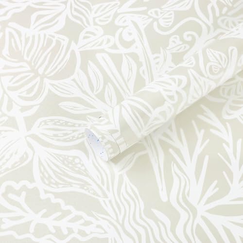 Boho Peel and Stick Wallpaper Beige/White Leaf Contact Paper 17.3inx393in Removable Self Adhesive Bedroom Cabinet Wall Decor Vinyl Roll - color: Beige and Wtite, size: 17.3" x 393"