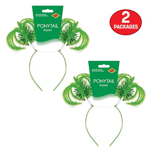 Beistle Green Ponytail Boppers – 2 Pack, Synthetic Hair Headband Accessories with Metallic Fringe, Spirit Headwear for Costume Styling, Themed Party Events, Photo Booth Props, and Novelty Wear