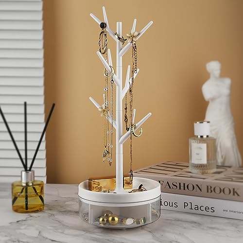 Branch Jewelry Rack With Rotatable Base and Storage Box Tree Tower Rack Hanging Organizer for Ring Earrings Necklace Bracelet,Suitable for living rooms, bathrooms,offices,etc. - color: A White