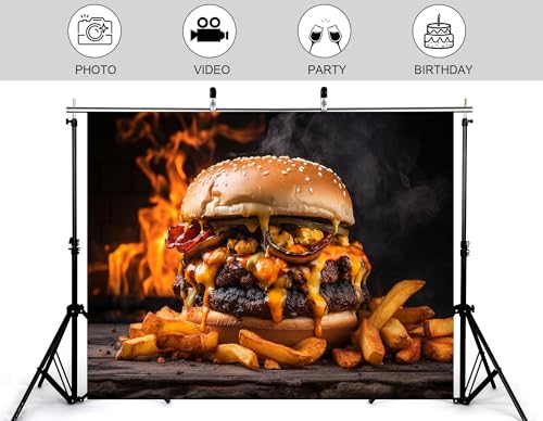 5x4ft Loaded Burger Backdrop Fiery Flame Photography Background for Food Festival and Spicy Party Decorations Tapestry Photo Booth Props - size: 5x4ft
