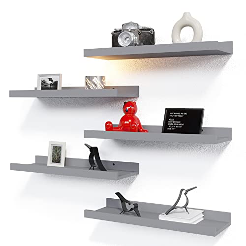 RICHER HOUSE Mounted Shelves for Wall Decor, Modern Picture Ledge Shelf with Lip for Wall Storage Nursery, Bedroom, Living Room, Bathroom - Grey - color: Grey, size: 5pcs*15.75in