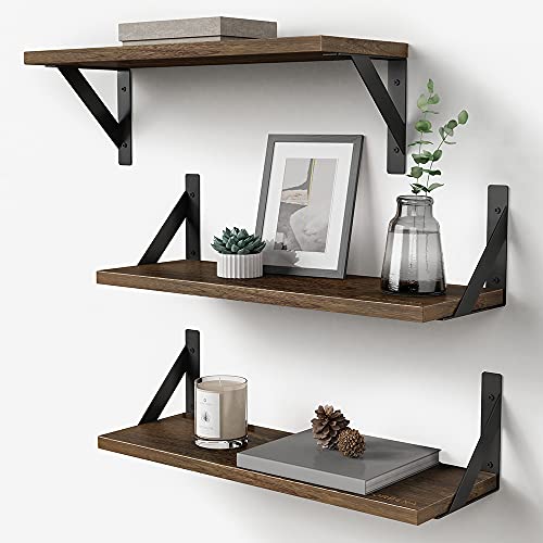Forbena Rustic Floating Book Shelves for Wall Set of 3, 17 Inch Wood Wall Bookshelf for Bedroom, Wooden Wall Mounted Hanging Shelf for Office Living Room Bathroom Decor Pictures Books (Dark Brown) - color: Rustic Brown, size: 17 Inches
