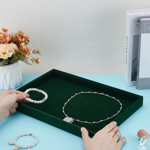 UNICRAFTALE Velvet Jewelry Trays flat Green Rectangle Velvet Display Trays Elegant Stackable Jewelry Drawer Organizer Tray for Rings Earrings Necklaces Bracelets Storage Display 35x24x3.2cm - style: Rectangle
