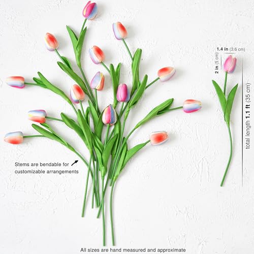 FiveSeasonStuff Real Touch Rainbow Tulips Bouquet, 15 Multicolor Artificial Stems with Soft PU Petals - color: Pastel Rainbow