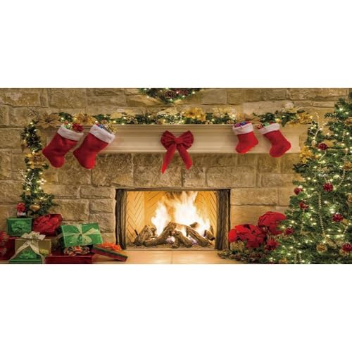 12x6ft Christmas Fireplaces Backdrop Marble Fireplace Blazing Flames Christmas Tree Stockings Photography Background Family Party Kids Adult Portraits Decor Banner Studio Photo Props - size: 12x6ft-polyester