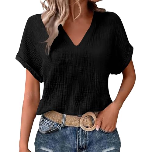 Womens Shirts Cotton Linen v Neck Short Sleeve Blouses Casual Loose Fit Textured Summer Pullovers Daily Wear - color: A02-black, size: Medium