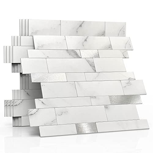 MOFIT Backsplash Tile for Kitchen Peel and Stick Stone Matte Finish,Bathroom Tiles Stickers 3D Wall Panel Linear Mosaic Marble Backsplash Waterproof(10sheets,White Silver) - color: White Silver, size: 10sheets
