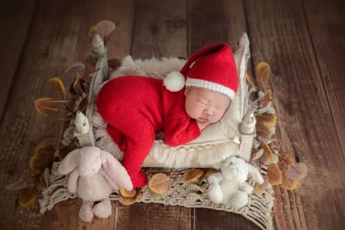 Christmas Newborn Baby Photo Shoot Props Outfits Crochet Clothes Santa Claus Red Hat Pants Photography Props - color: Red E