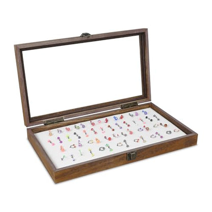 MOOCA Temper Glass Top Jewelry Display Case with Tempered Glass Lid and 54 Clip Body Jewelry Display Pad for Belly Button Rings, Tongue Rings, and Industrial Barbell Organizer, Brown Tray-White Pad - color: White Pad with Brown Wood Case