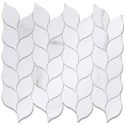Tilingview 10-Sheet Peel and Stick Backsplash Tile for Kitchen, Self-Adhesive Mosaic Glossy Leaf Stick on Wall Tile with Gaps (Calacatta White) - color: Leaf Gaps Calacatta White