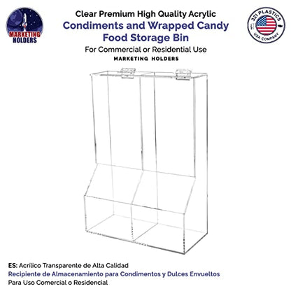 Marketing Holders Condiment Bin Double Compartment Sugar Packets and Wrapped Candy Caddy Clear Acrylic 8.5 Inch Wide by 12.25 Inch High Freestanding Tabletop Retail Stores and Container with Lid - size: Double Condiment Bin