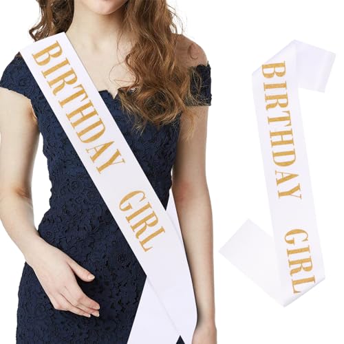 CIEHER 67"L x 3.6"W Sash for Women & Girls - Birthday Girl, Queen Sash for 10th to 70th Birthdays, White & Gold Birthday Decoration - color: White & Gold