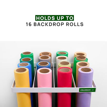 Seamless Paper Backdrop Vertical Storage Rack – Wall Mounted Organizer for Photography Studio – Holds Up to 16 Rolls (White) - color: WHITE