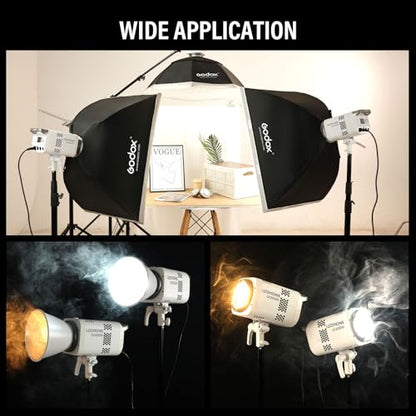 GODOX 3Pack LE300Bi Light Kit, Godox Litemons LE300Bi Video Light with Softbox Light Stand, Bowens Mount, DMX/Bluetooth APP Control, NFC Connection, 2800K~6500K, 58900Lux@1m, CRI/TLCI98, 11 Fx Effects