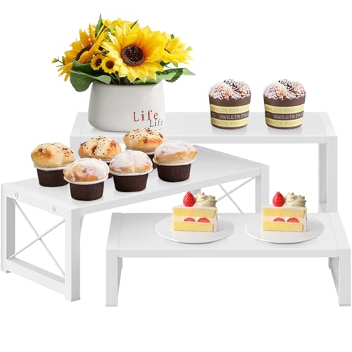 ELITEROO White 3-Tier Cupcake Stand & Wooden Display Riser, Dessert Stand for Cupcakes, Food, Perfume, Makeup, Dolls, Collectibles, Multi-Tiered Shelf Organizer for Market Vendors & Retail Display - color: White