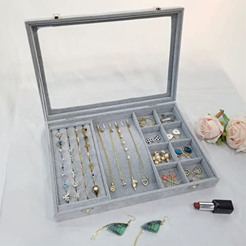 Ice Velvet Jewelry Organizer Box for Women Girlfriend Wife,Clear Lid Earrings Rings Necklace Bracelets Jewelry Tray Storage Case Grey - color: 8 Grids & 5 Slots & 6 Necklace Hooks